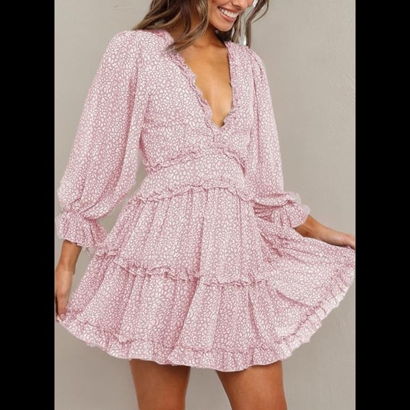 Women's Pink Deep V Neck Ruffle Flowing Mini Dress - Picture 2 of 9